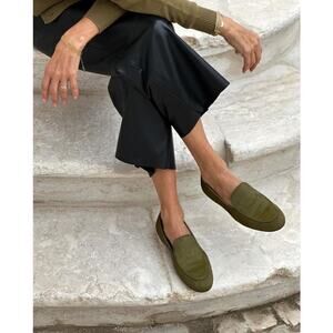 Barneys Olive Green Leather Loafers | Made in Italy Squared Toe Minimalist Flat
